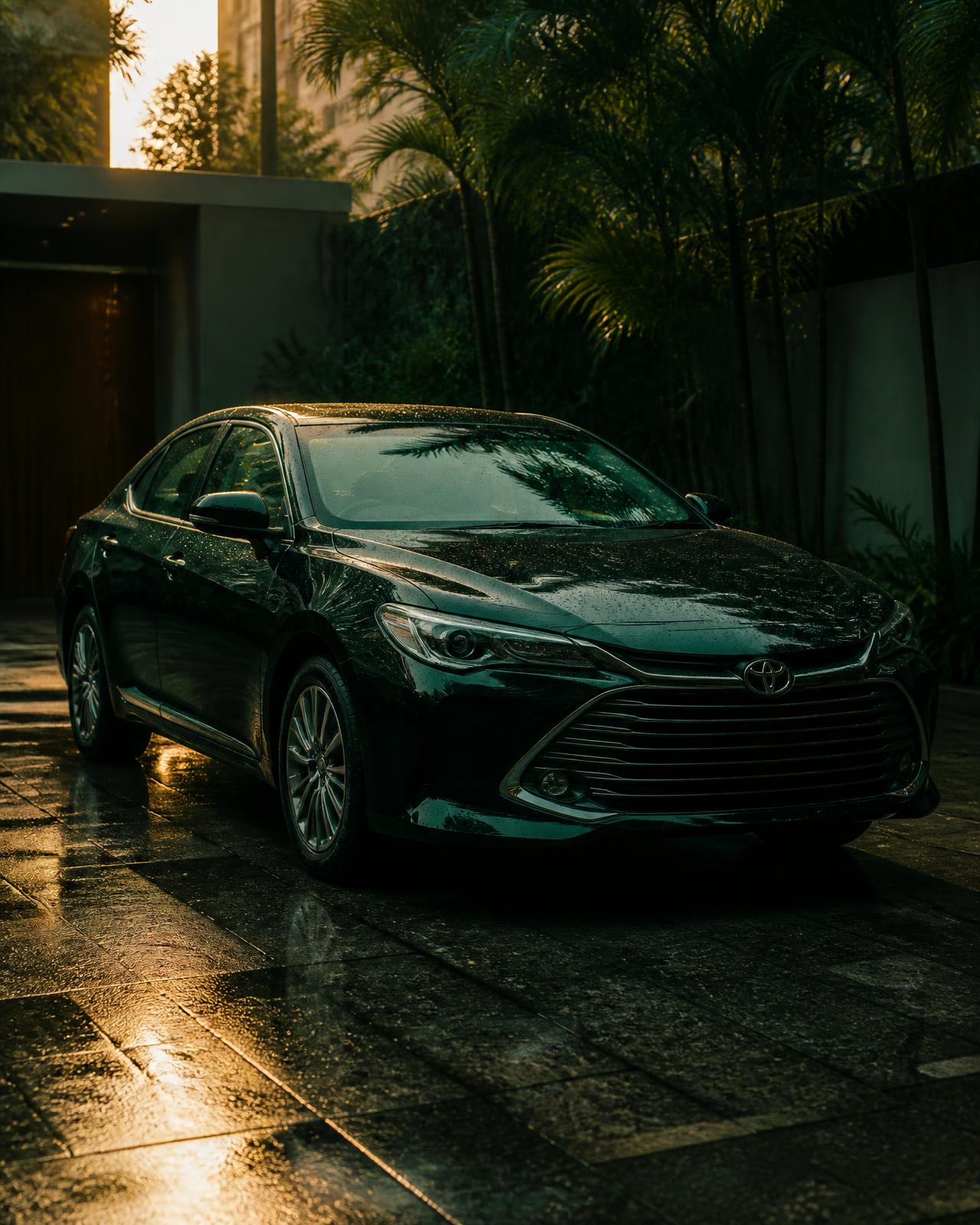 Freshly washed car in a Dhaka driveway at dusk